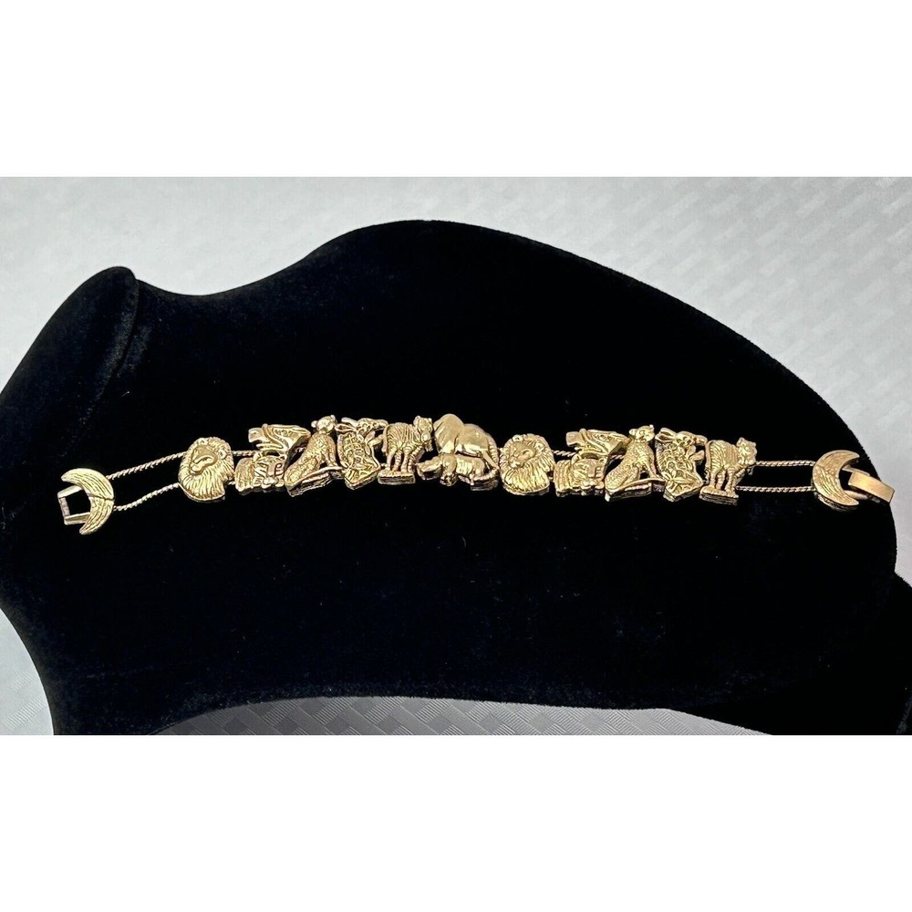 Vintage Slide Safari‎ Animals Charm Bracelet Gold Tone Metal